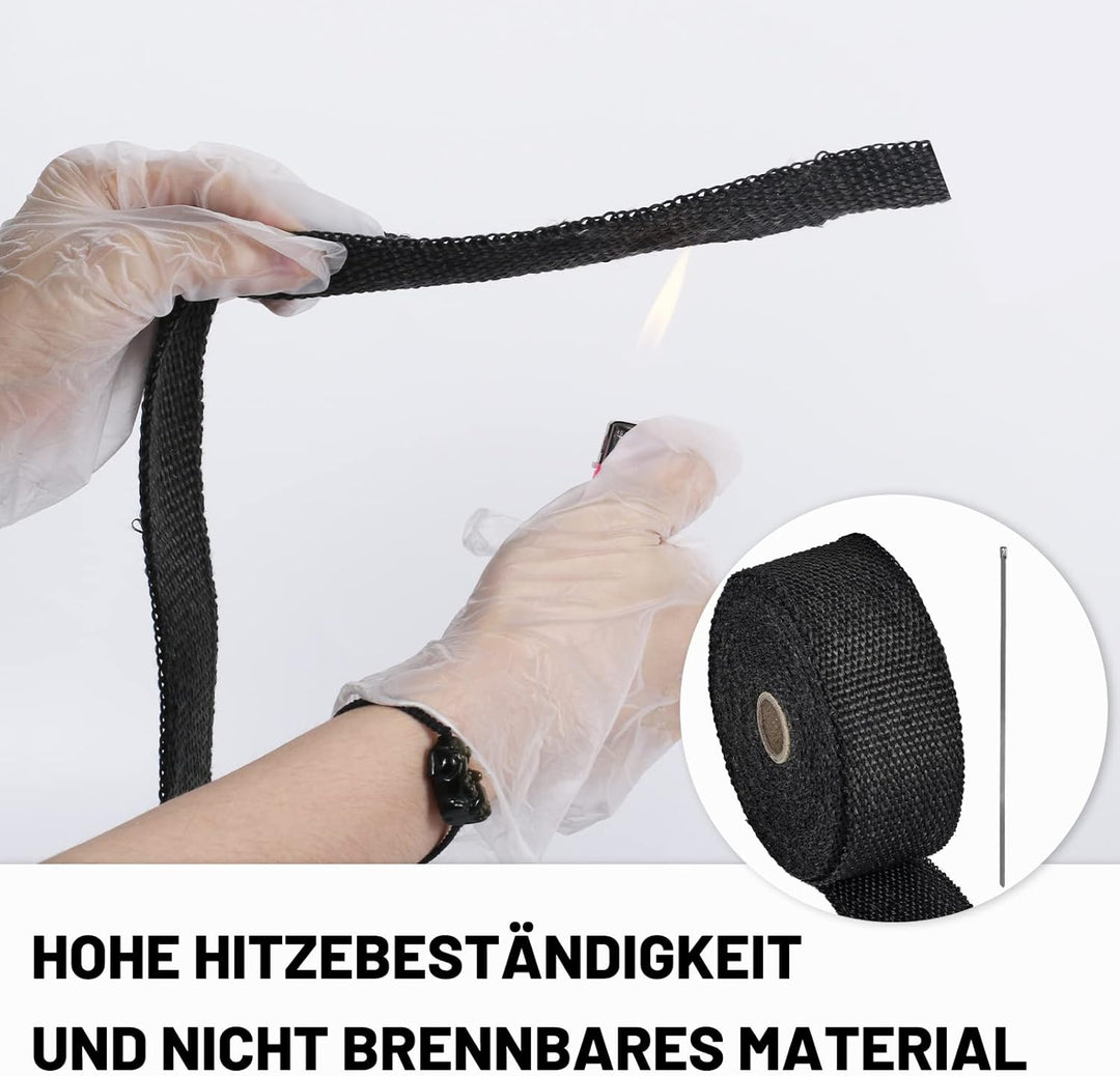 SOMLAW Hitzeschutzband 15M, Basaltfaser Hitzeschutzband Auspuff mit 15 Kabelbinder und Handschuhe, A