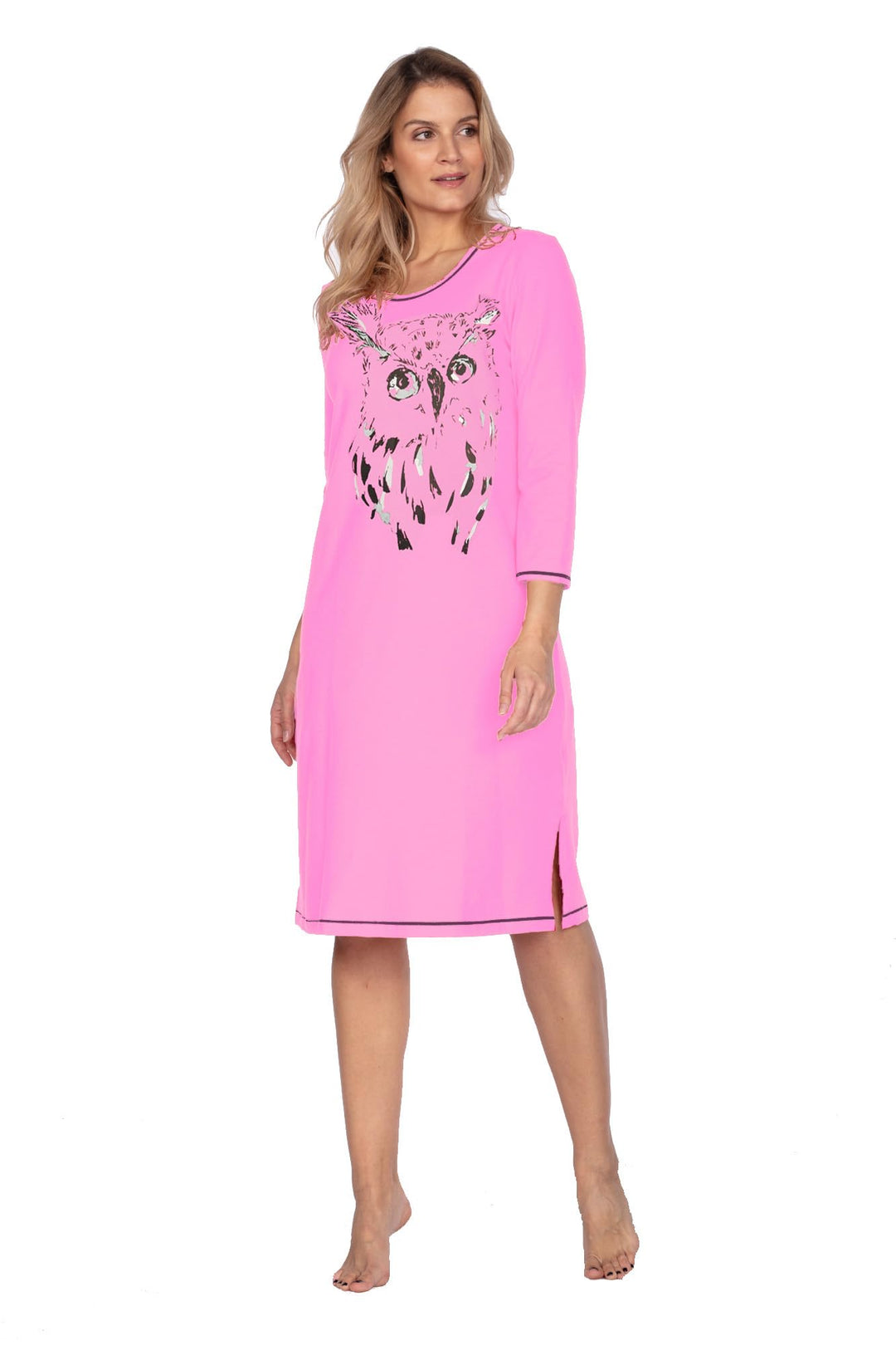 e.Femme® Damen Nachthemd Jenny 1113 aus 93% Baumwolle und 7% Elasthan, mit Eule Rosa 36, Rosa 36