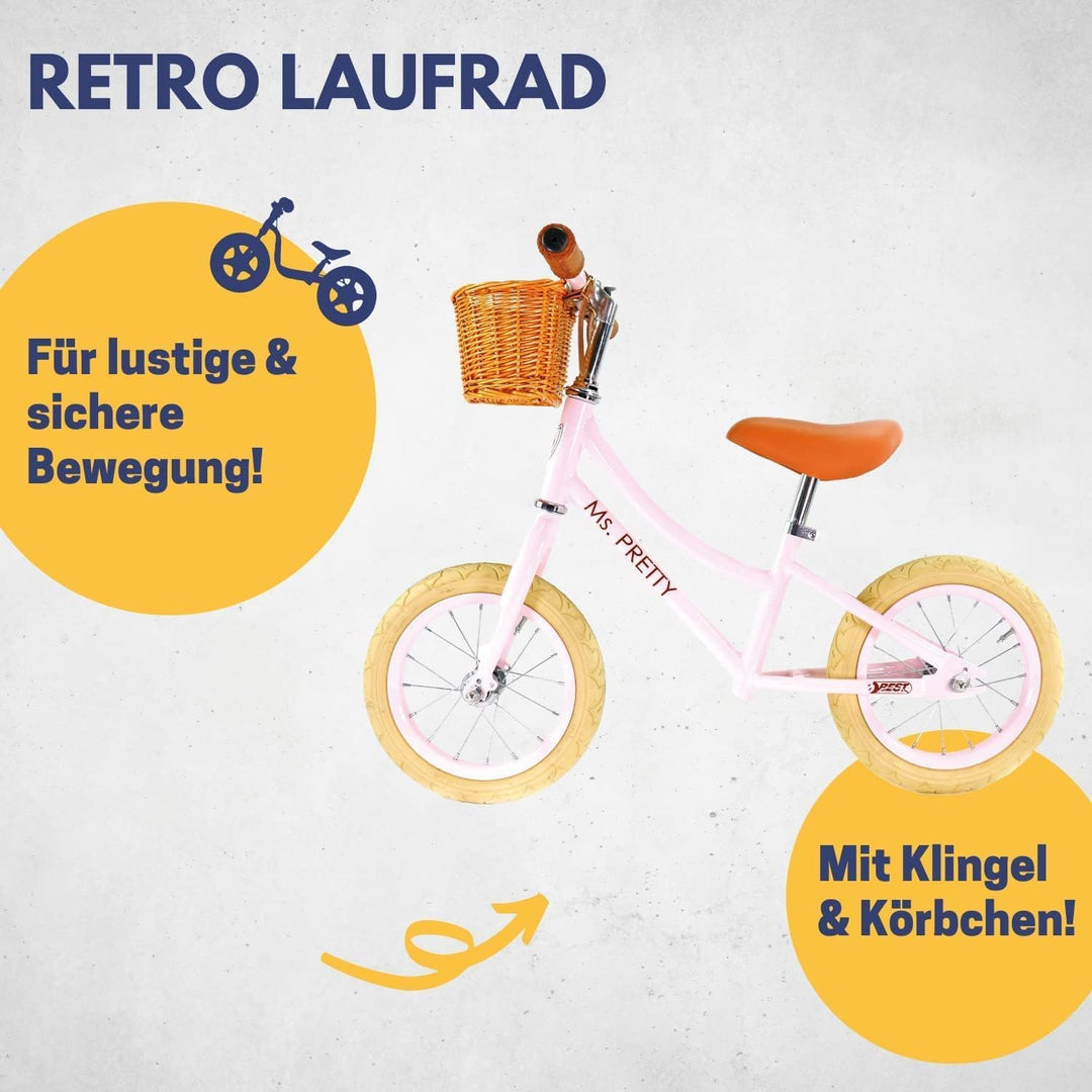 BEST SPORTING Laufrad Retro für Kinder ab 3 Jahren, mit Klingel und Korb, 12 Zoll Räder (rosé), 3111