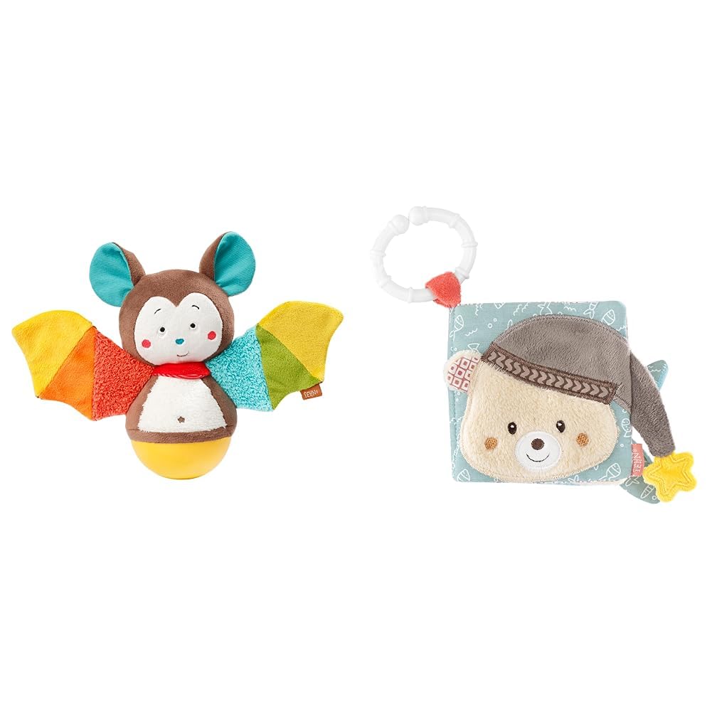 Fehn Stehaufmännchen Baby Fledermaus & Soft Bilderbuch Bruno – Baby Fühlbuch aus Stoff mit Tier Moti