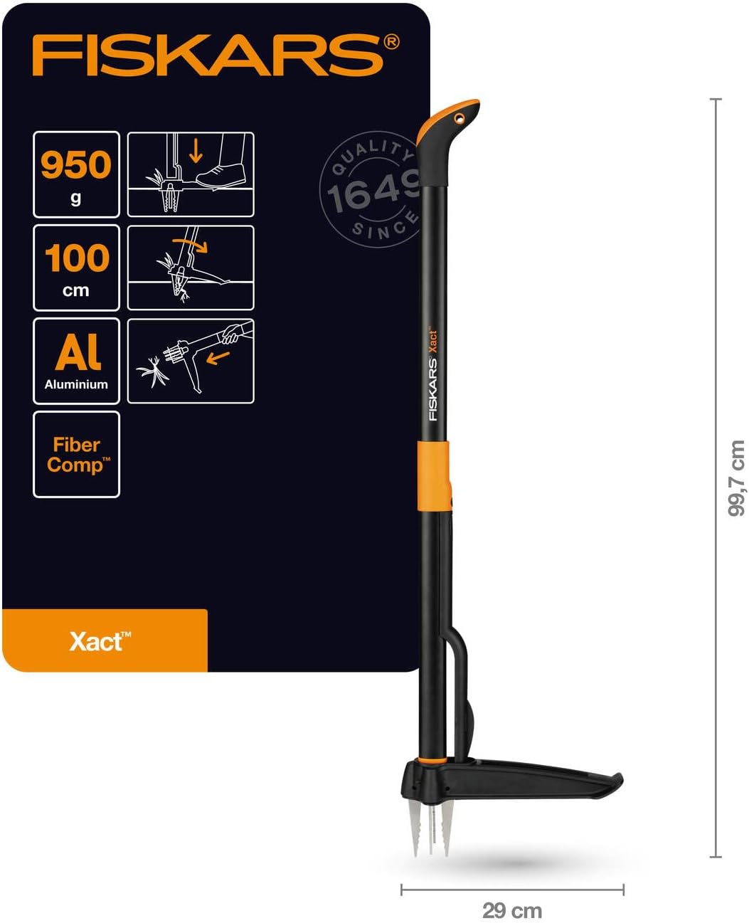 Fiskars Gartenwerkzeuge-Set, 3-teilig, Xact Unkrautstecher, Rostfreier Stahl/Kunststoff, Solid-Kombi