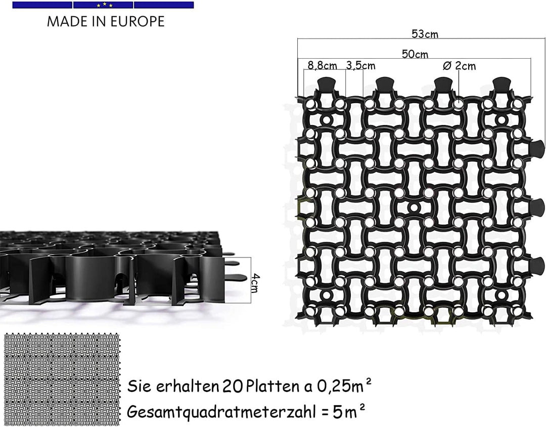 BigDean 20x Rasengitter Paddockplatte SCHWARZ 50x50 cm Rasenmatten Rasenwaben Kiesgitter Parkplatzra