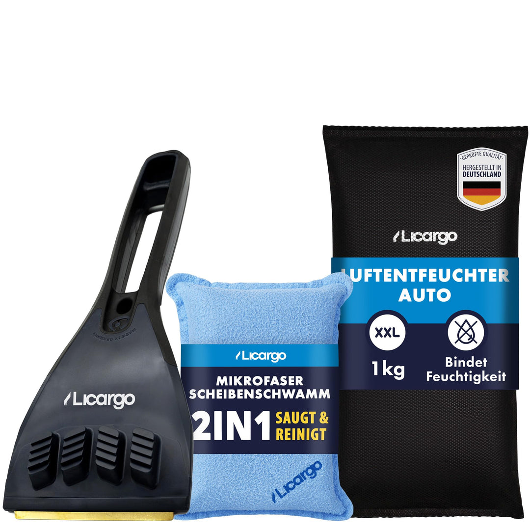 LICARGO Winter Komplett Set - Auto Luftentfeuchter (1kg) - 1x recycelter Eiskratzer - 1x Mikrofaser
