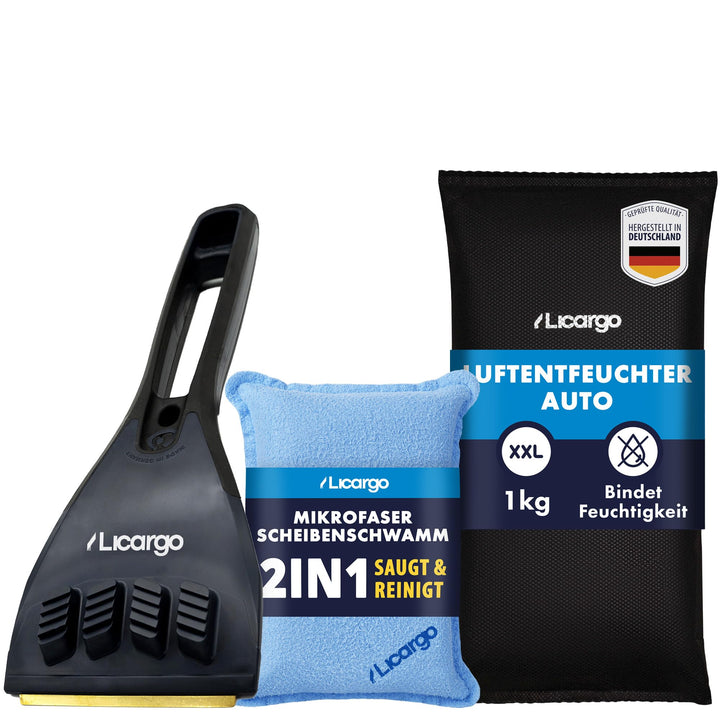 LICARGO Winter Komplett Set - Auto Luftentfeuchter (1kg) - 1x recycelter Eiskratzer - 1x Mikrofaser