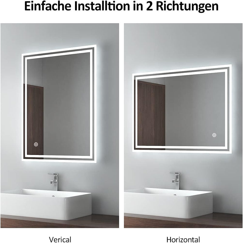 EMKE LED Badspiegel 80x60cm Badezimmerspiegel mit Beleuchtung dimmbar kaltweiss Lichtspiegel Wandspi