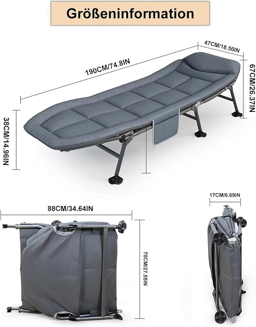 2 Stücke Sonnenliege/Gartenliege/Karpfenliege/Feldbett Klappbar Grosszügiges Campingliege 210x67x38c