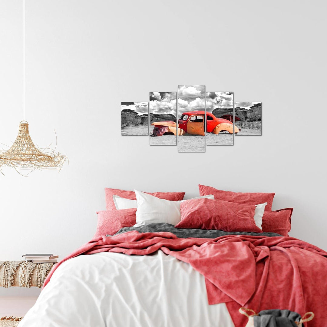 Runa Art Wandbilder Auto Oldtimer 5 Teilig Bild auf Vlies Leinwand Deko Wohnzimmer Abstrakt Rot Grau