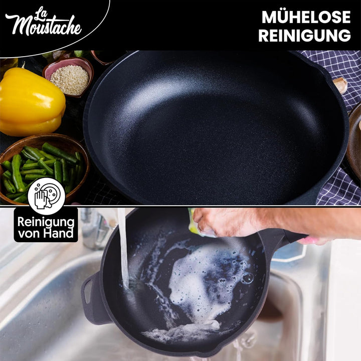 La Moustache - Pfanne 28 cm mit Glasdeckel, 100% PFOA-Freie, Optimale Wärmeverteilung - Antihaftbesc