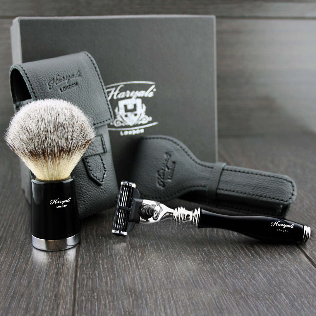 Reise-stil rasier sets mit rasiermesser und rasierpinsel mit 100% aus echtem leder deckt