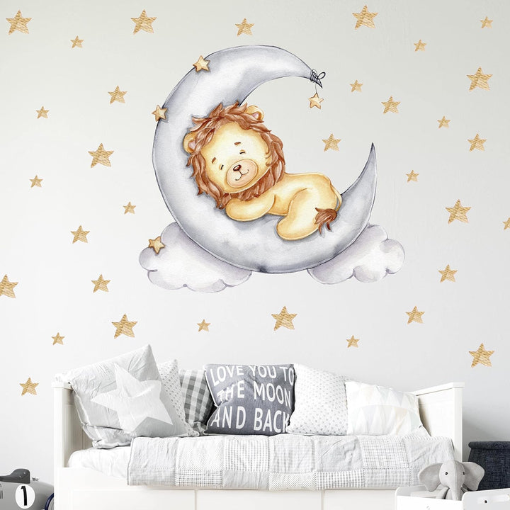 WANDKIND Löwe auf dem Mond V302 | handgezeichnet | AUFKLEBER Kindergarten | Wandsticker Kinderzimmer