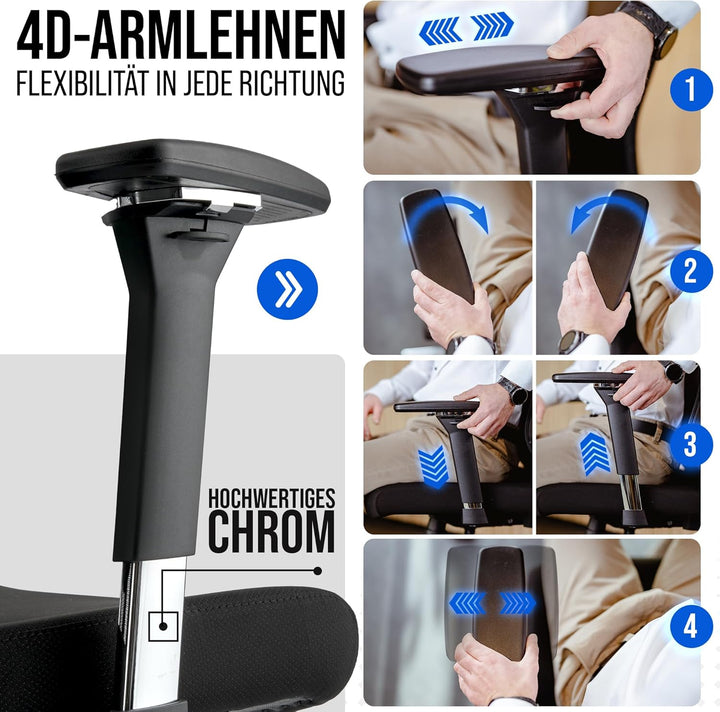 ELITESEATS Bürostuhl Ergonomisch [Silent Wheels] - Schreibtischstuhl [4D Armlehnen] - Office Chair [