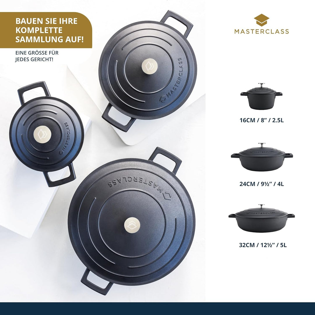 MasterClass Auflaufform mit Deckel 16 cm, leichter Aluminiumguss, Induktionsherd und ofenfest, schwa