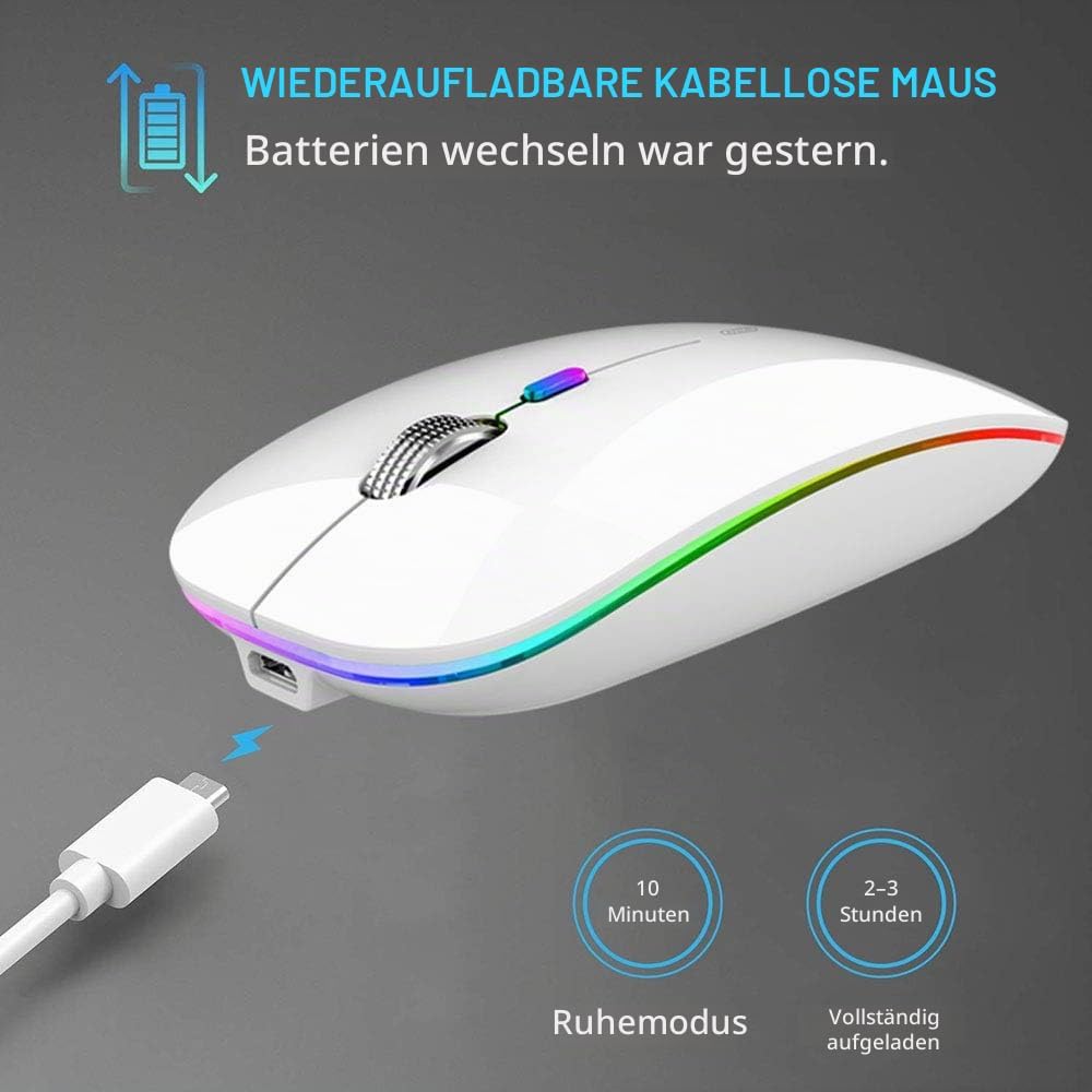 Uiosmuph Bluetooth Kabellose Maus, Leise LED Wiederaufladbare Mouse,Weiss White, White
