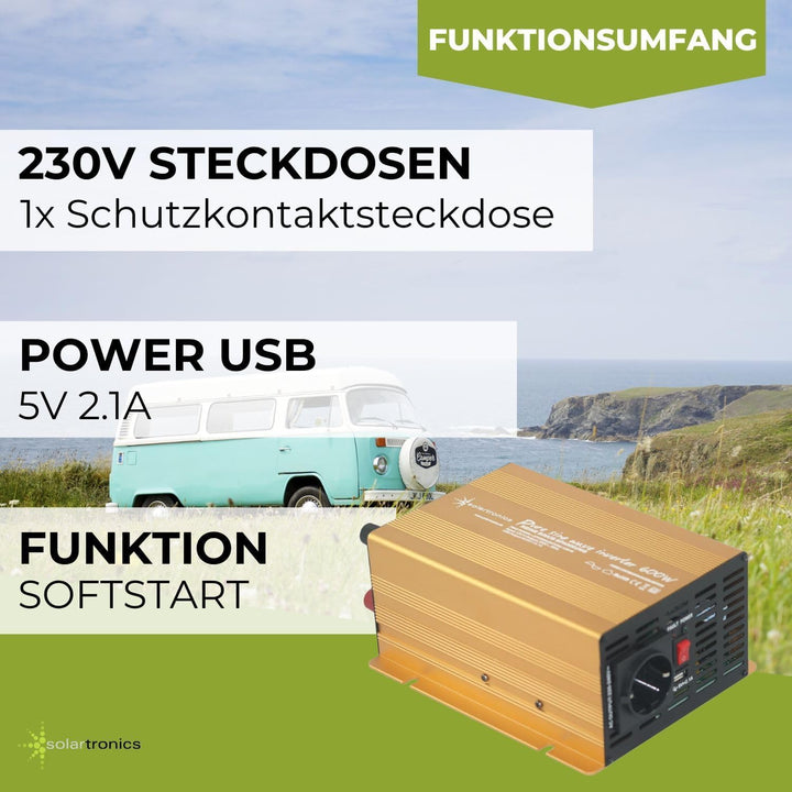 Wechselrichter - Spannungswandler 12V 300 bis 3000 Watt reiner SINUS mit echtem Power USB 2.1A Gold