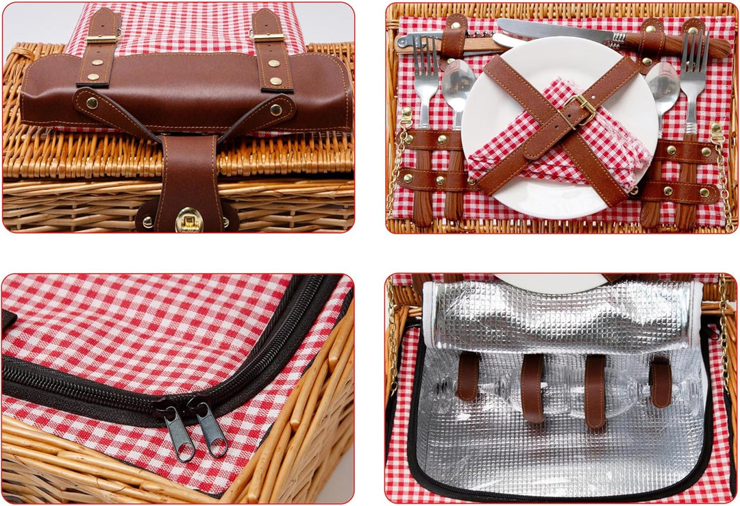 Picknickkorb für 2 Personen – Isoliertes Kühlfach und Schieferbrett – Weidenkorb mit rotem Karomuste