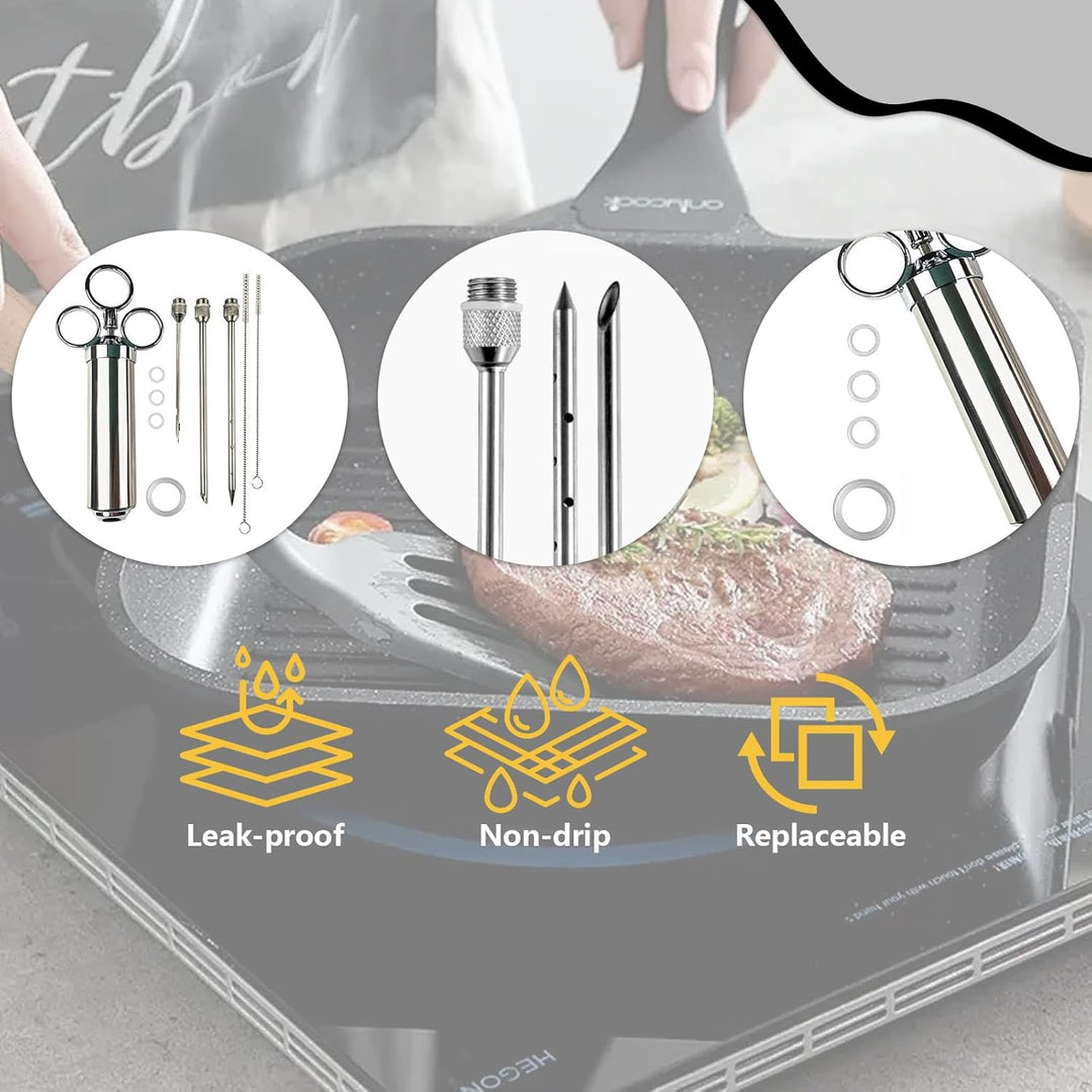 KATKLIU Fleischspritze Set aus Edelstahl 60ml mit 3 Nadeln – BBQ Marinadenspritze und Bratenspritze