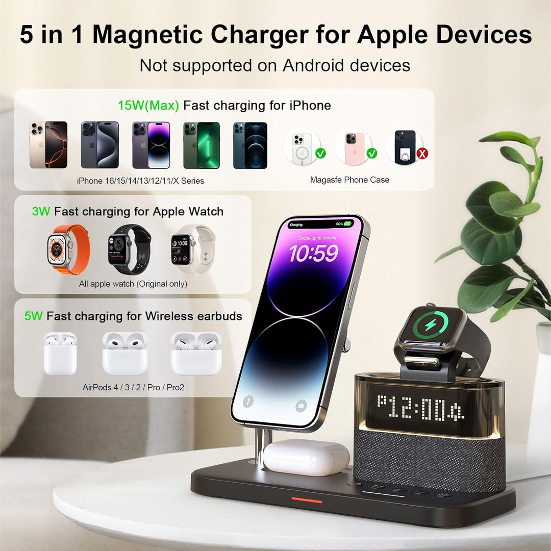 5-in-1-Kabellader mit Wecker, kabellose LadeStation mit Nachttischlampe kompatibel mit iPhone 17 16