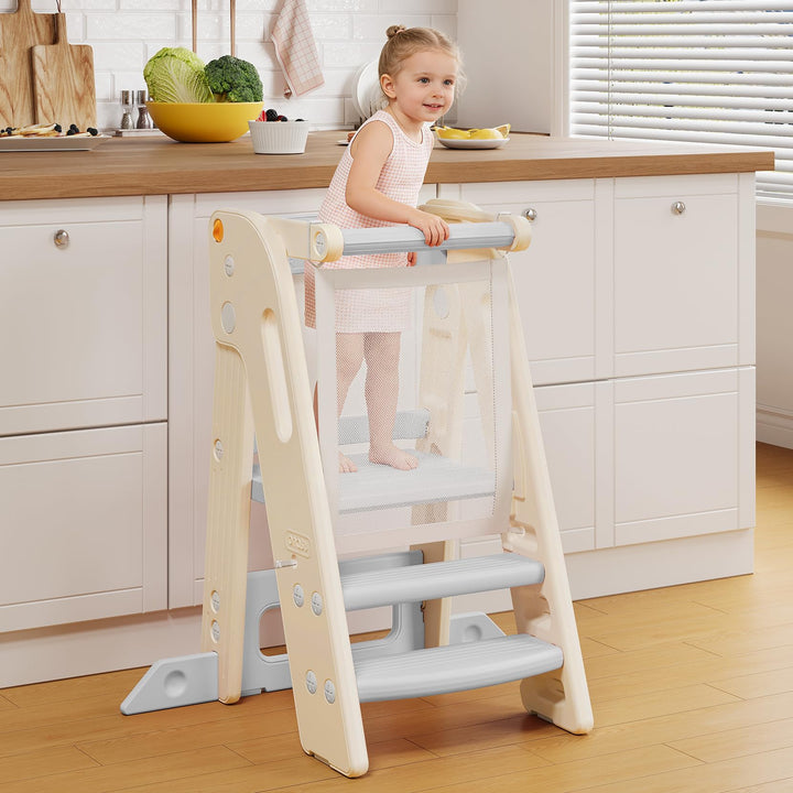 Lernturm für Kinder mit Sicherheitsgeländer, Lernturm Klappbar, Höhenverstellbar, Learning Tower mit