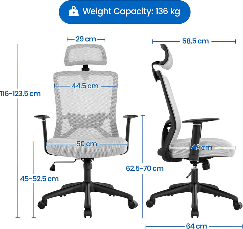 Yaheetech Bürostuhl Ergonomisch Schreibtischstuhl mit Armlehnen und Verstellbarer Kopfstütze, Drehst