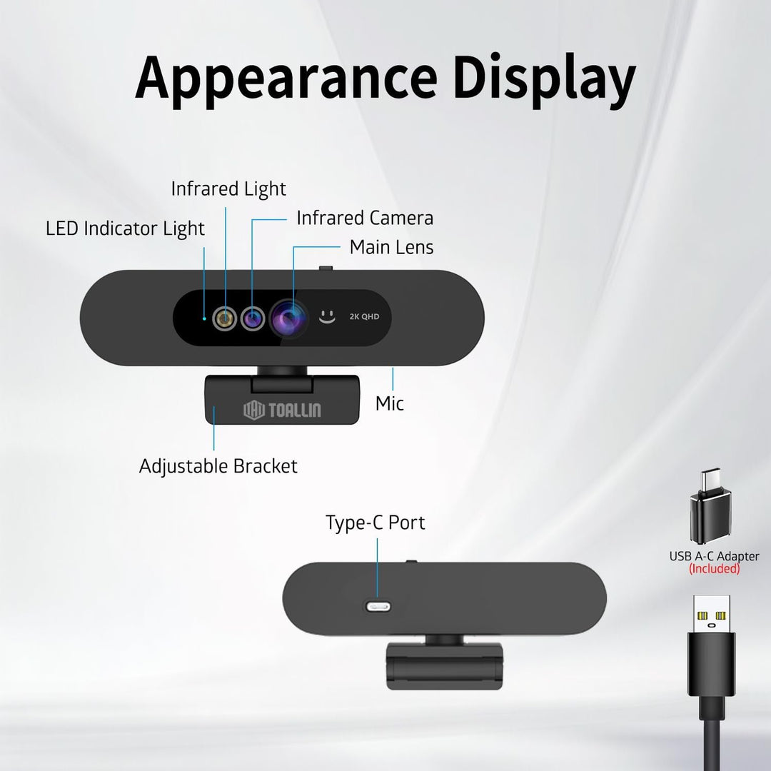 TOALLIN 2K QHD-Webcam für Windows Hello Face Login, IR-Gesichtserkennungskamera, USB-Webcam mit Mikr
