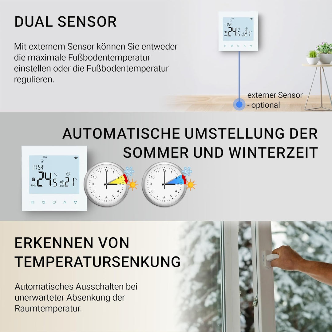 Elektrobock PT740W-EI Raumthermostat mit WiFi | Smartes Thermostat für Fussbodenheizung & Elektrohei