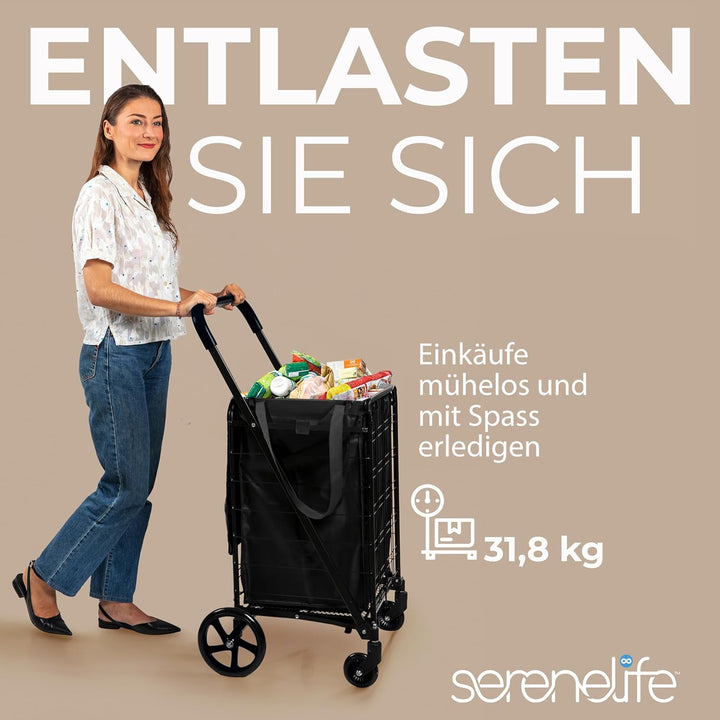 Serenelife Einkaufstrolley Klappbar, Einkaufswagen mit 50L Kapazität, Shopping Trolley bis 31.8kg Be