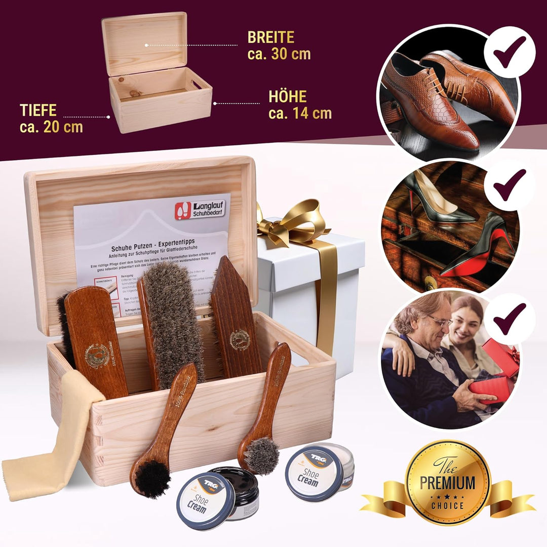 Schuhputzset Leder 9tlg Schuhputzkasten Milano I Rosshaar Schuhbürste -Tiegelbürste und extra weiche
