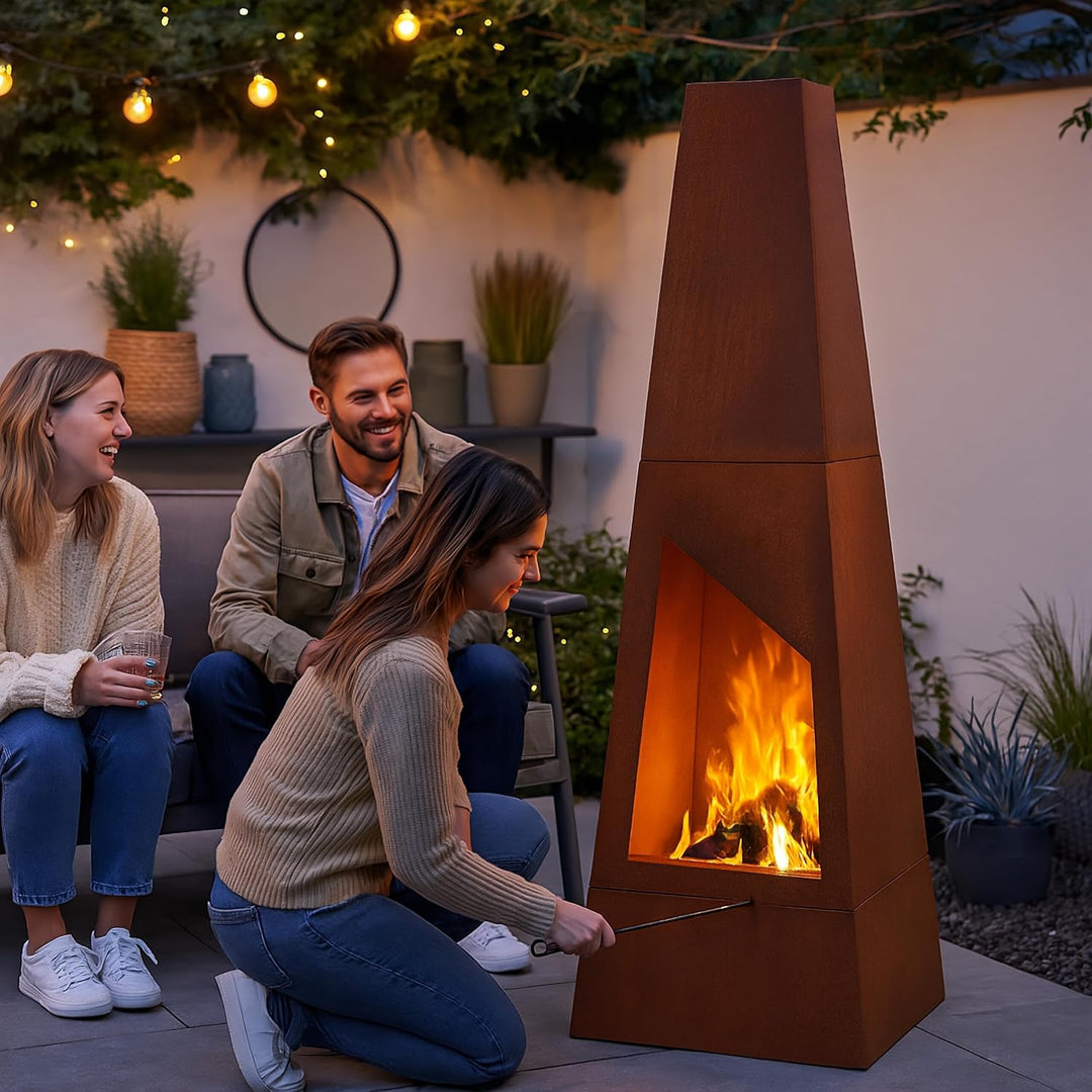 Relaxdays Gartenkamin Cortenstahl, Aschekasten, Feuerrost & Schürhaken, Edelrost Terrassenofen, HBT: