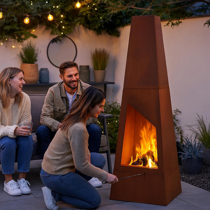 Relaxdays Gartenkamin Cortenstahl, Aschekasten, Feuerrost & Schürhaken, Edelrost Terrassenofen, HBT: