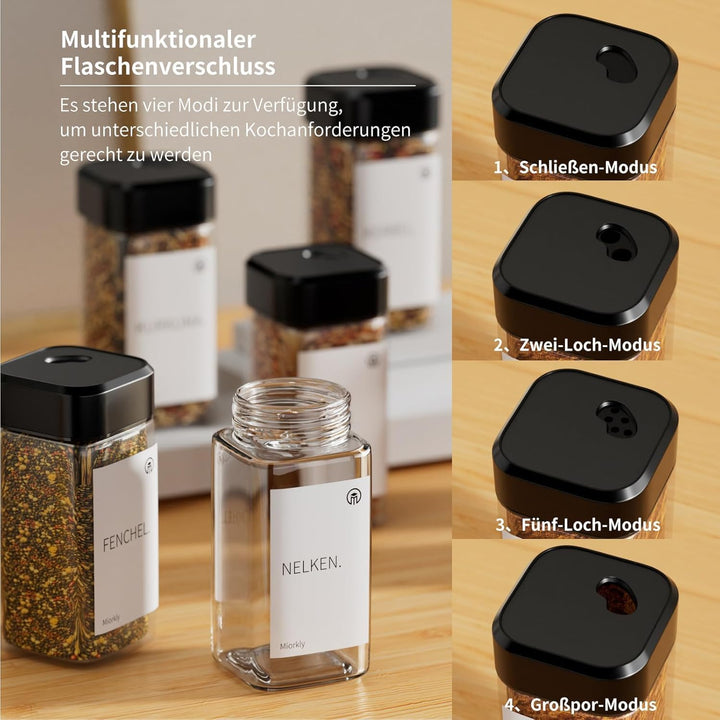 Miorkly 12 Gewürzgläser Eckig mit Drehdeckel,Gewürzstreuer Glas 120 ml - Gewürzdosen Set Starke Vers