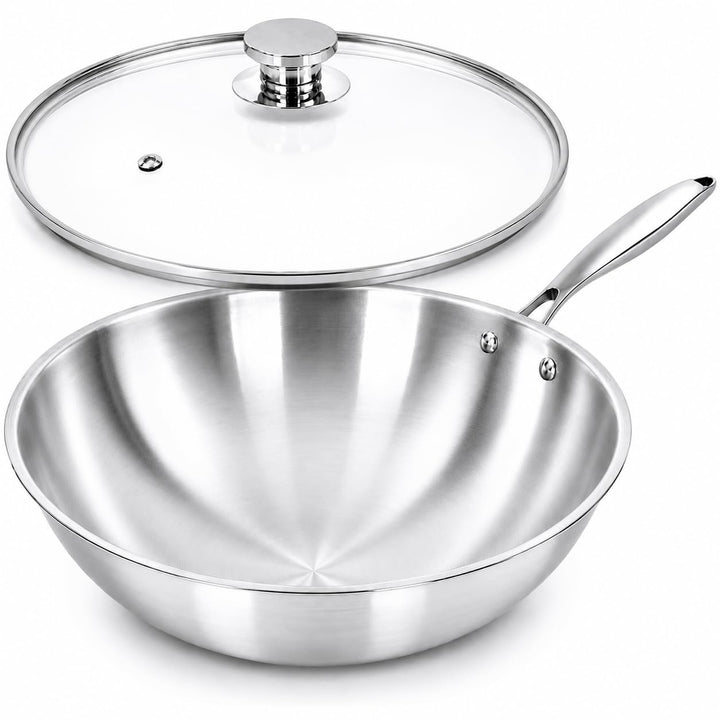 ⌀30 cm Wok Pfanne aus Edelstahl, unbeschichtet &amp; langlebig, 3-lagiges Material für optimale Wärmever