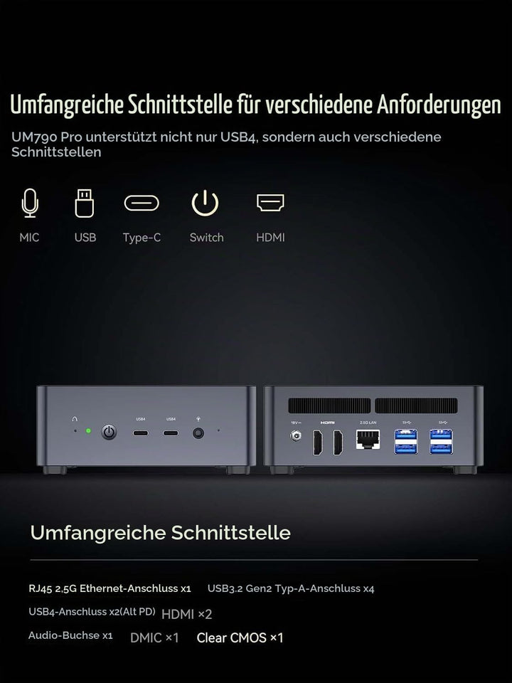 MINIS FORUM UM790 Pro Mini PC, AMD Ryzen 9 7940HS Prozessor (8C/16T, bis zu 5,2 GHz), AMD Radeon 780