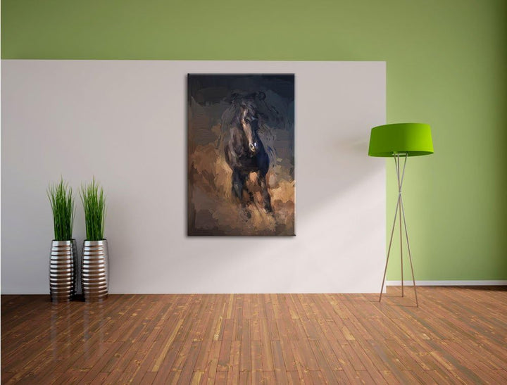 Pixxprint Elegantes schwarzes Pferd als Leinwandbild/Grösse: 100x70 / Wandbild/Kunstdruck/fertig bes