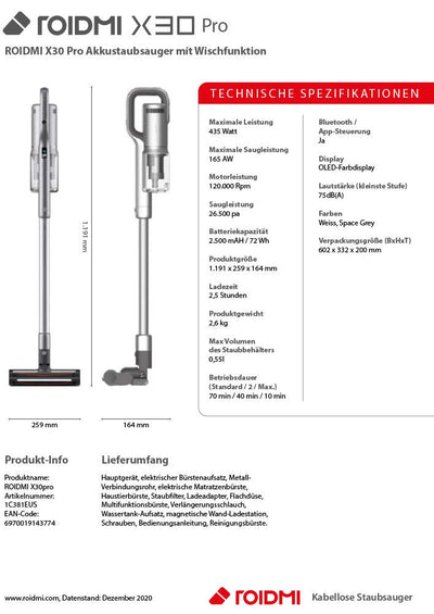 ROIDMI X30 PRO, Akku-Staubsauger mit Wischfunktion, HEPA Filter, 6 Filterstufen, Antibakterielle Bür
