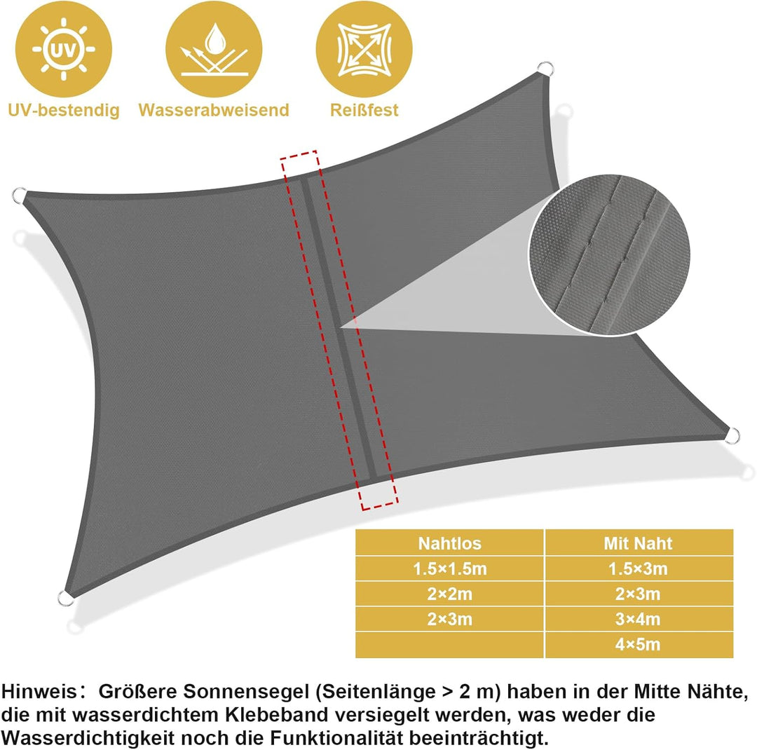 Shade&amp;Beyond Sonnensegel Wasserdicht Rechteckig 2 x 2 m Wetterschutz Sonnenschutz Sunsegel PES-Polye