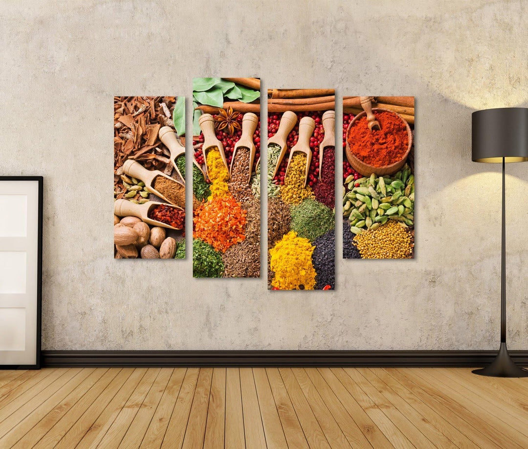 Bild auf Leinwand Bunte Komposition mit verschiedenen Gewürzen und Kräutern Wandbild Poster Leinwand