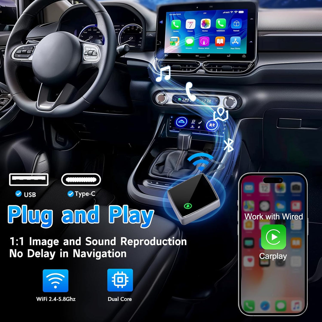 Wireless CarPlay Adapter für iPhone,Mini Carplay Adapter von Wired & auf Wireless,USB C/A Plug und P