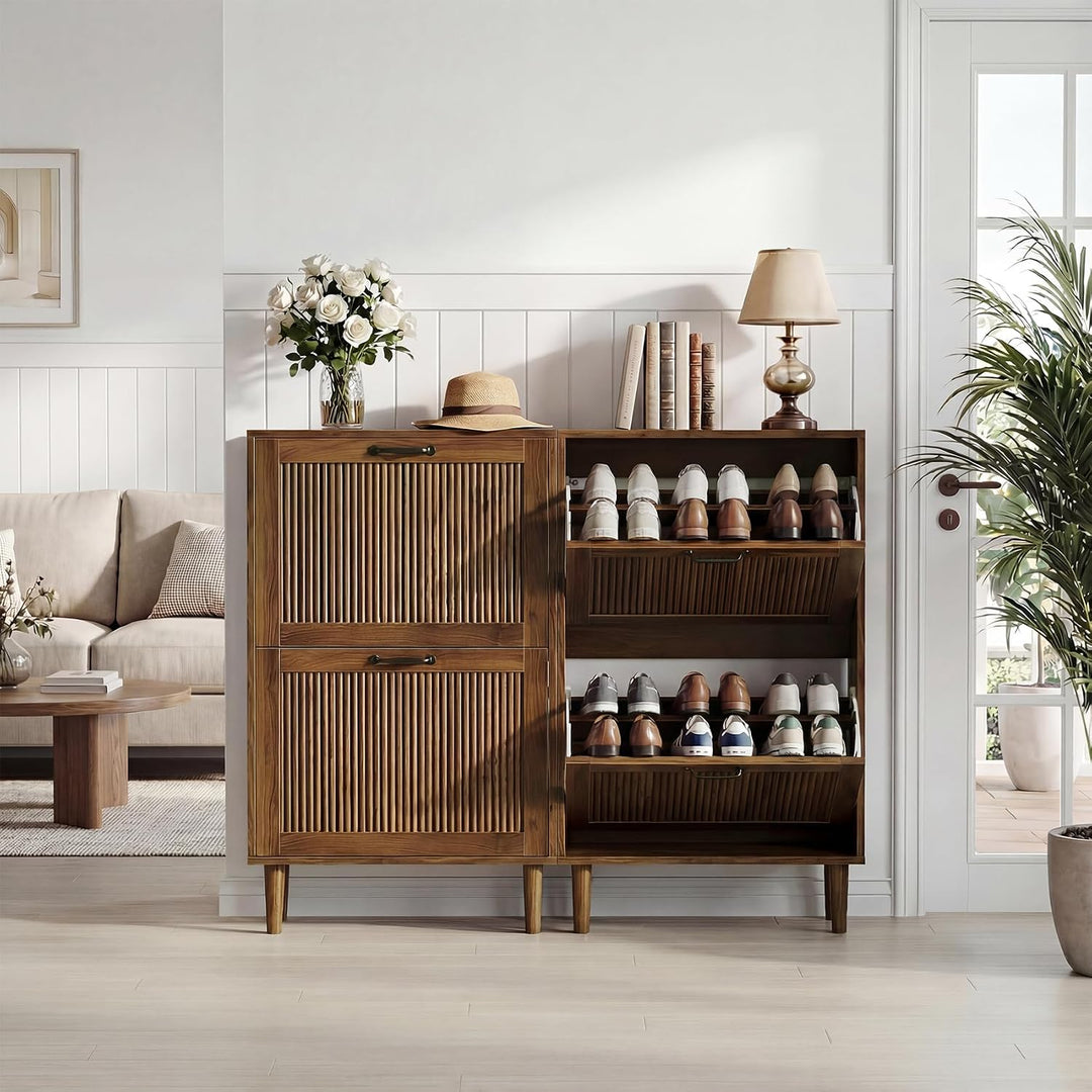 Semiocthome Zweilagiger Schuhschrank aus Holz mit Kipp-Mechanismus und Metallgriffen in Retro-Optik