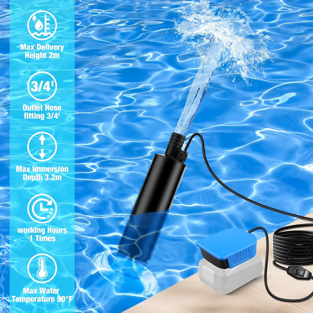 WALTER Schmutzwasserpumpe Kompatibel mit Bosch PBA 18V Batterie, 30L/min, Lift 15FT, 120W angetriebe