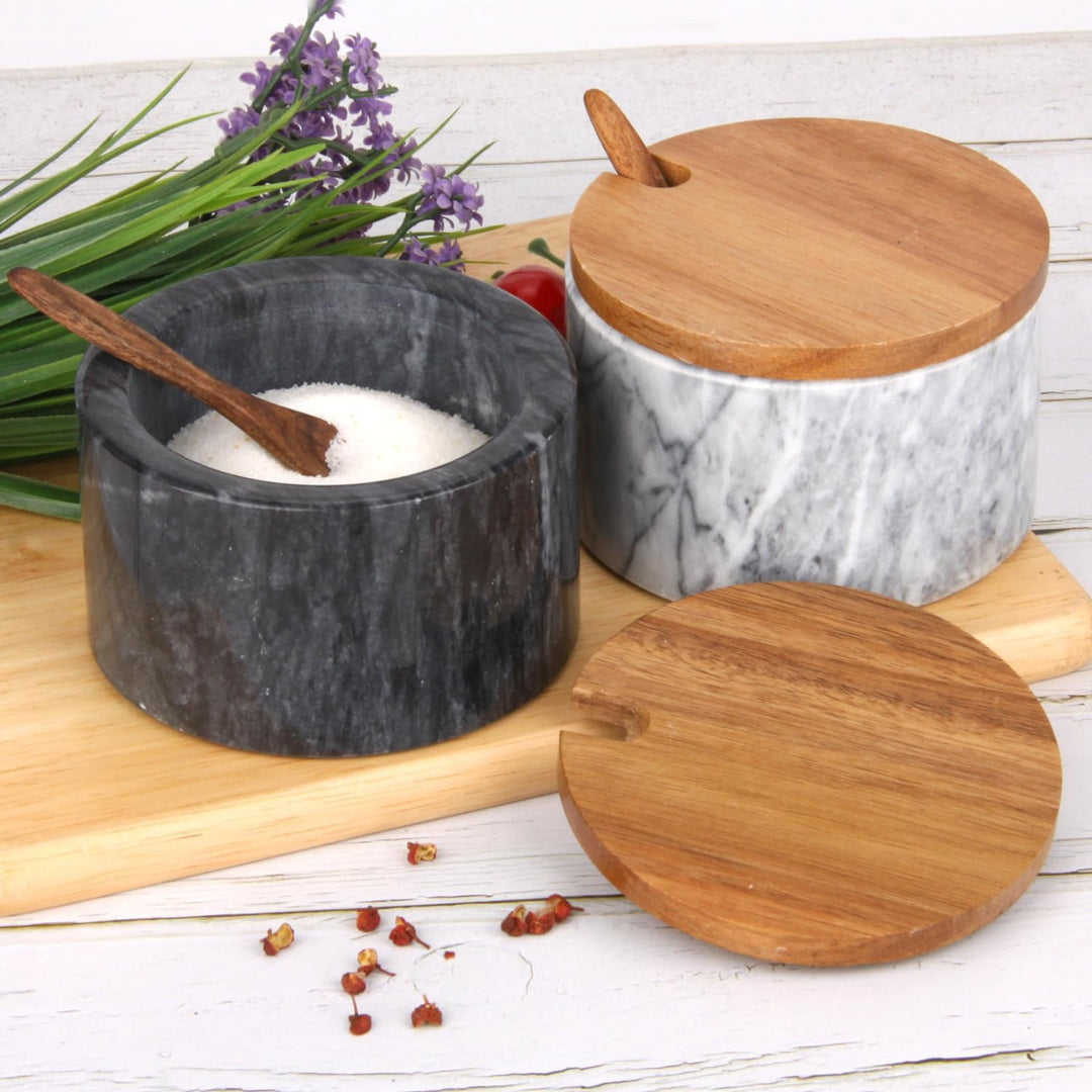 Salzstreuer Marmor mit Holzdeckel und Löffel, Hellgraue Schale | Salzdose Pfefferstreuerschale, Gewü