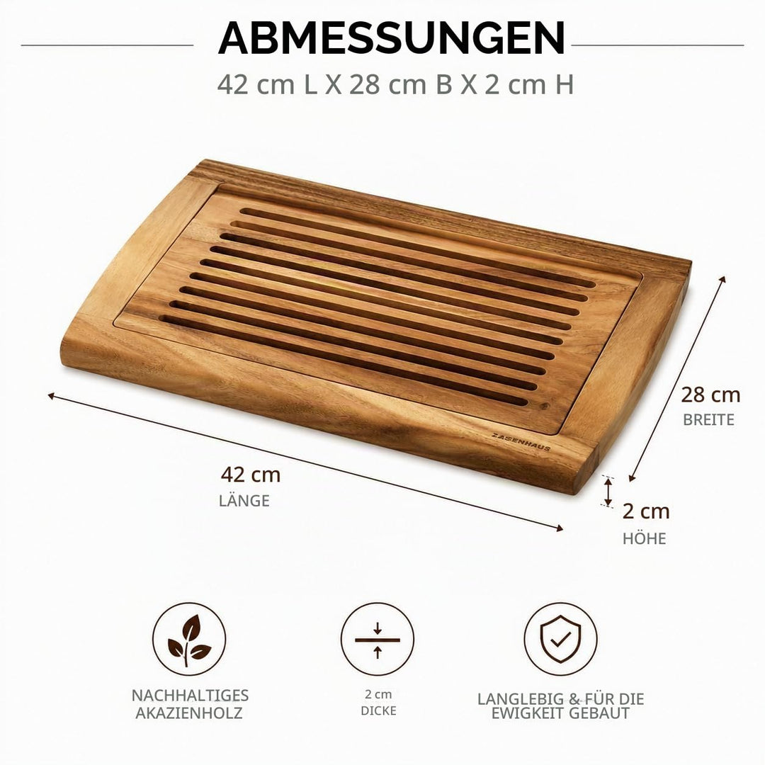 Zassenhaus Brotschneidebrett Gerillt , 42 x 28 x 2 cm , Mit herausnehmbarem Krümelgitter, Akazienhol