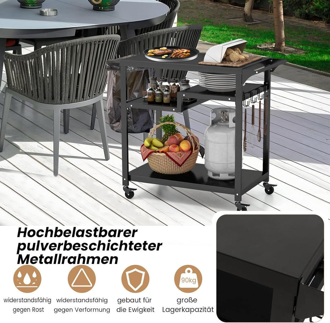 GYMAX Grillwagen, Grilltisch Rollwagen mit Rollen & offenen Ablagen, Pizzatisch mit Haken & Behälter