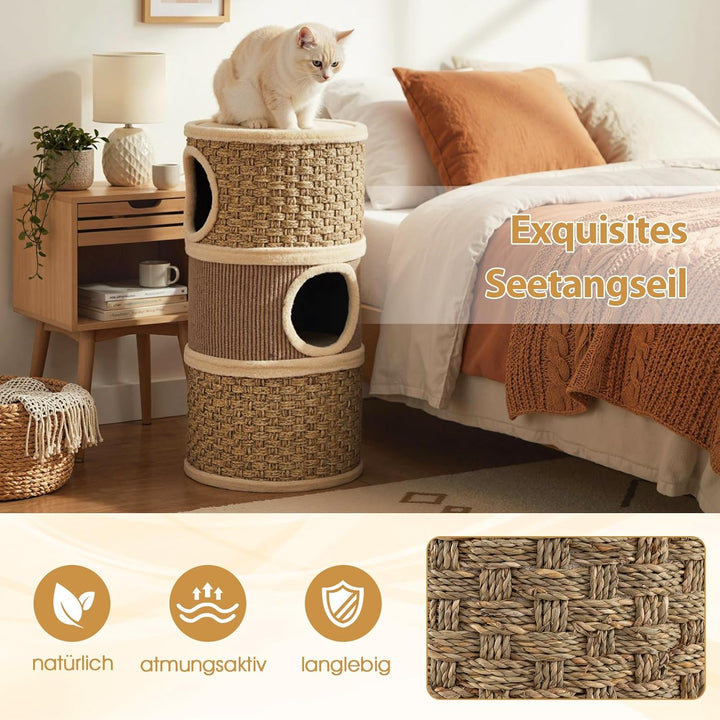 GYMAX Kratztonne Ø 36 cm, Höhe 70 cm, 3-stöckige Katzentonne mit weicher oberer Plattform, 3 grossen