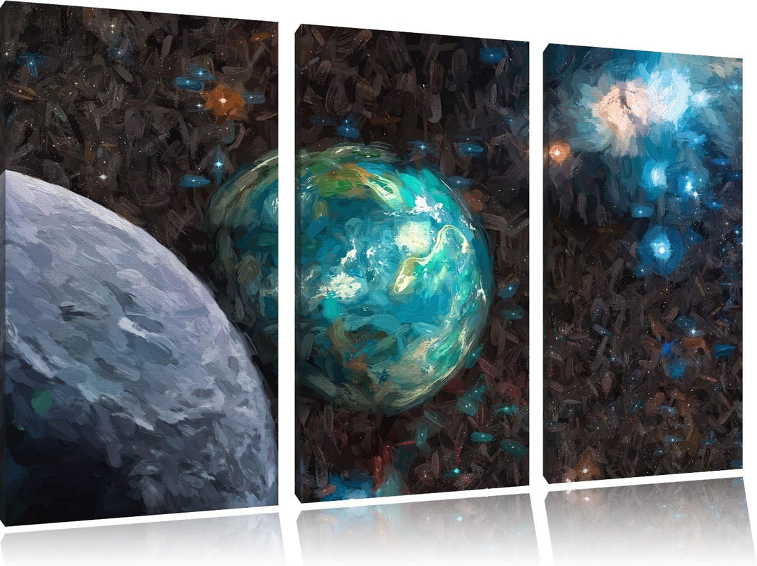 Pixxprint Planet Erde im Kosmos Kunst als Leinwandbild/Grösse: 3 Teilig (120x80) cm/Wandbild/Kunstdr