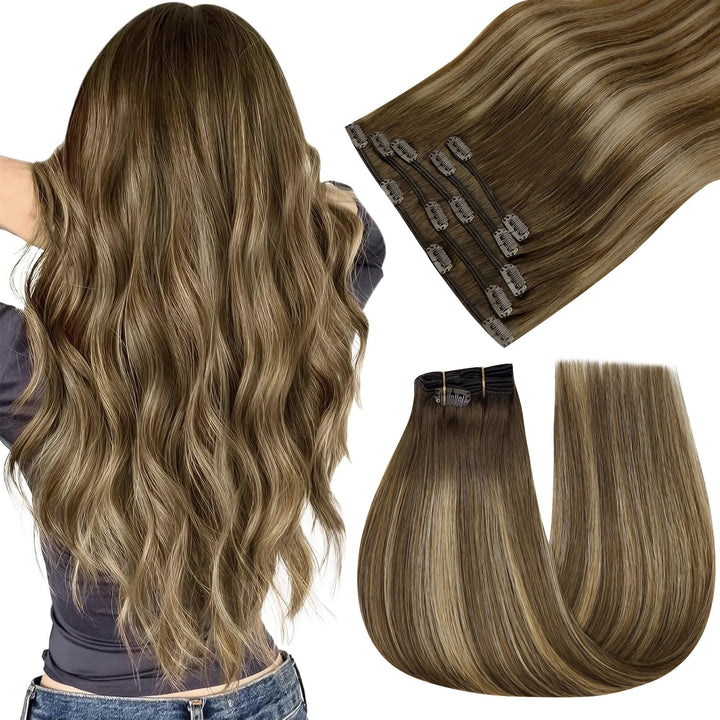 Easyouth Haarverlängerung Clips Echthaar Clip Extensions Ombre Echthaar 14 Zoll 70g 5Pcs Farbe Mitte