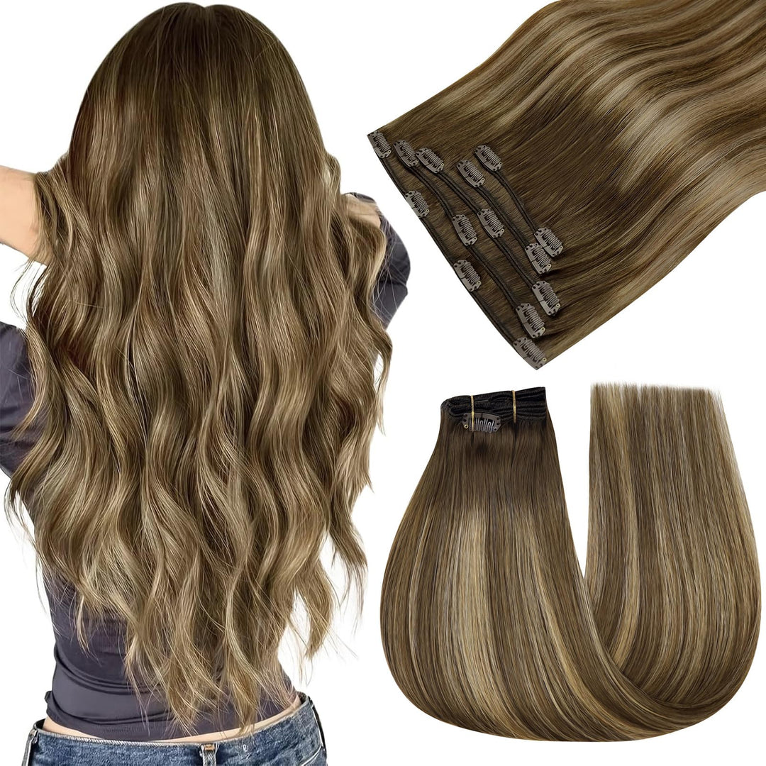Easyouth Echthaar Clip Extensions Remy Echthaar Clip in Extensions Farbe Mittelbraun Mix Honigblond