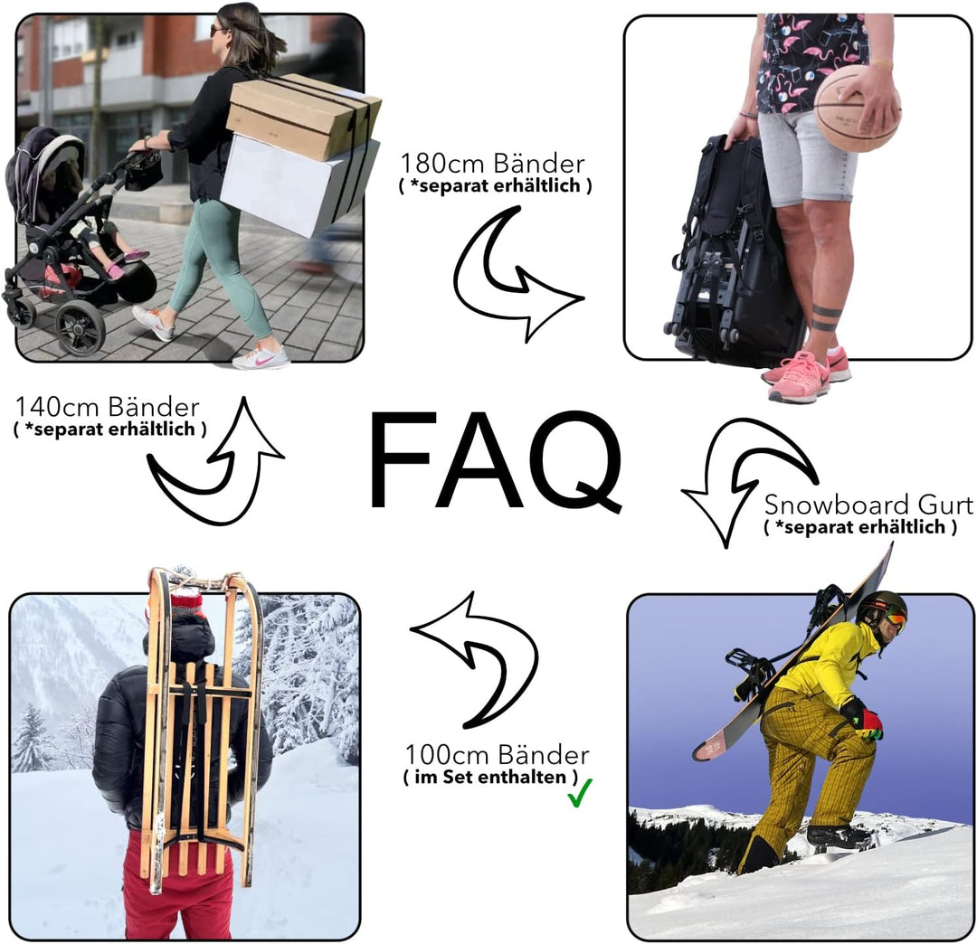 KLETTPACK® Rücken Tragegurt für Pakete, Hobby, Snowboard, Beruf &amp; Urlaub, kein unhandliches Schleppe