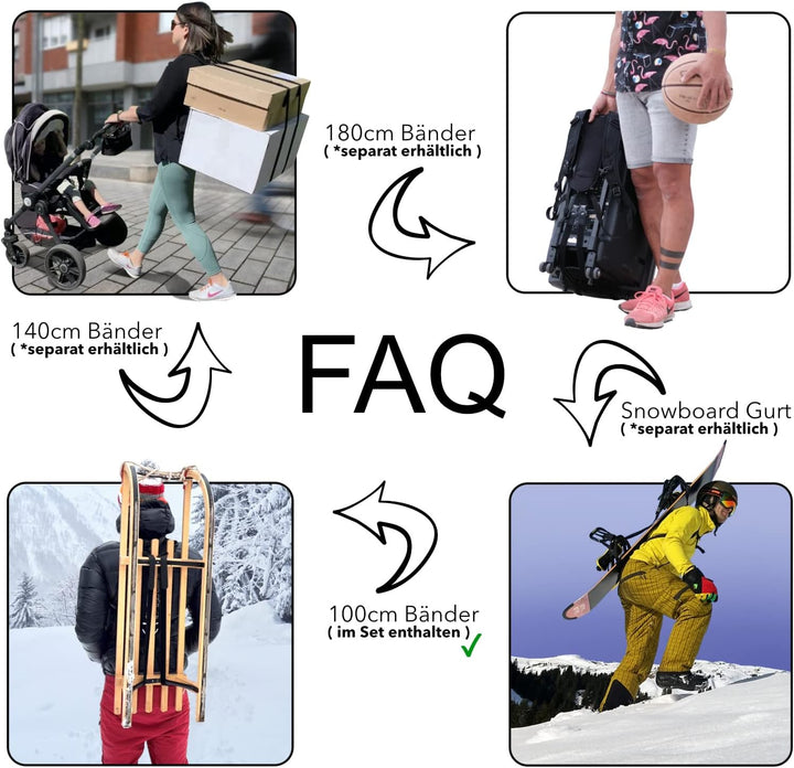 KLETTPACK® Rücken Tragegurt für Pakete, Hobby, Snowboard, Beruf &amp; Urlaub, kein unhandliches Schleppe