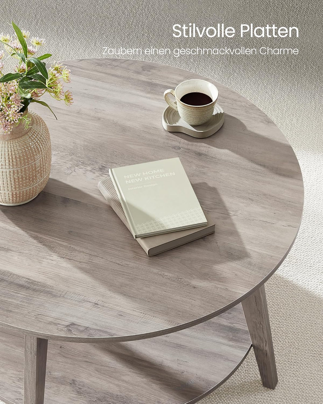 VASAGLE Couchtisch rund, Wohnzimmertisch 2 Ebenen, Kaffeetisch für Wohnzimmer, 80 cm d, 45 cm H, ein