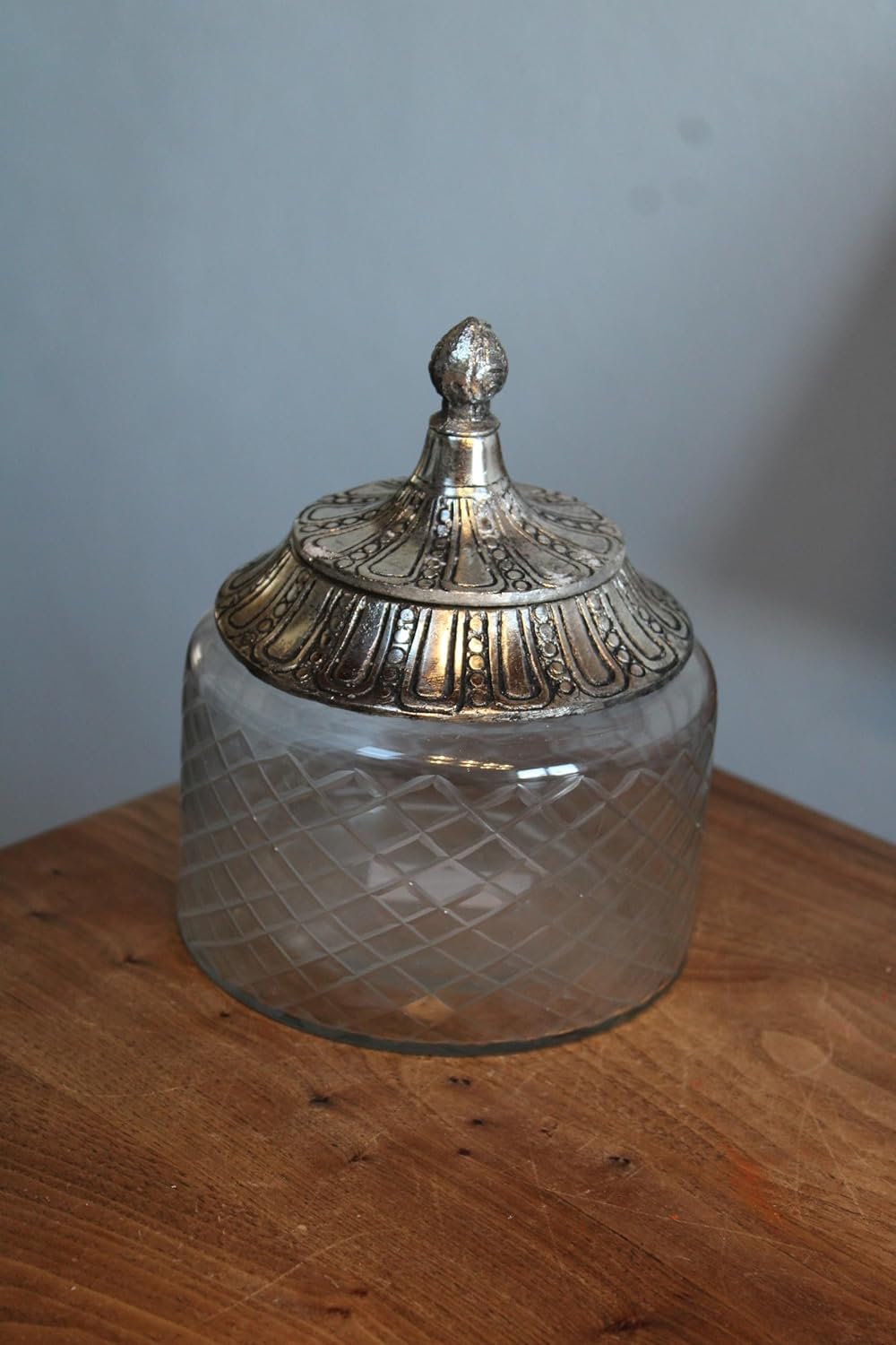 EXNER Vintage Glas-Bonboniere mit Silberfarbigem Metalldeckel, Diamantmuster, 12,5 cm